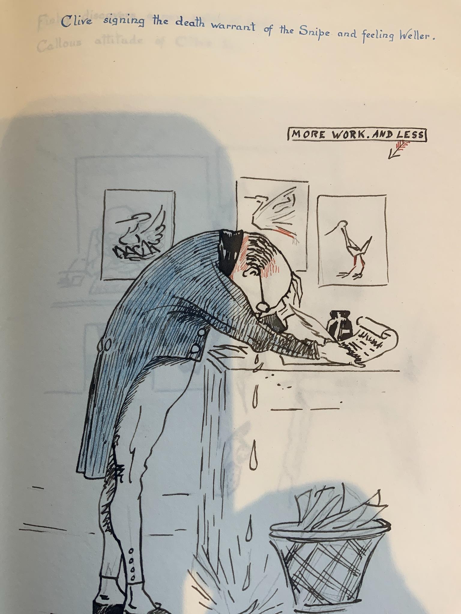 An early 20th century album of manuscript poetry and verse, in a fine calligraphic hand, mainly in black ink, with rubricated capitals, interspersed with 18 comical caricatures, drawn in black, red and blue pen and ink,